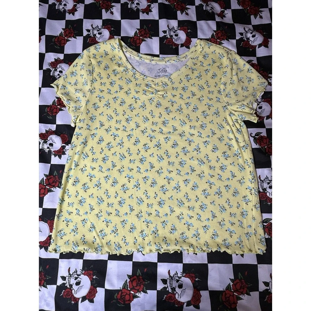 Justice Floral Ribbed Tee Yellow Blue‎ Flowers Lettuce Hem Plus Size 18/20